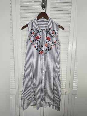 Zara Basic Blue White Striped Embroidered Sleeveless Shirt Dress Sz S